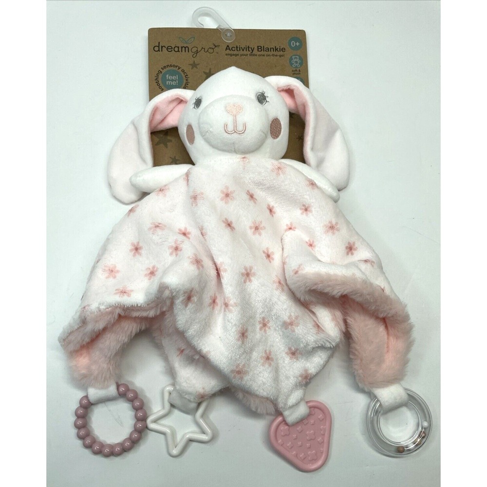 Dream Gro Activity Security Blankie Lovey‎ Bunny Rabbit Pink and White Sensory